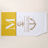 Serviette De Plage Moutarde côtière Ancre jaune Monogramme nautique (Devant)