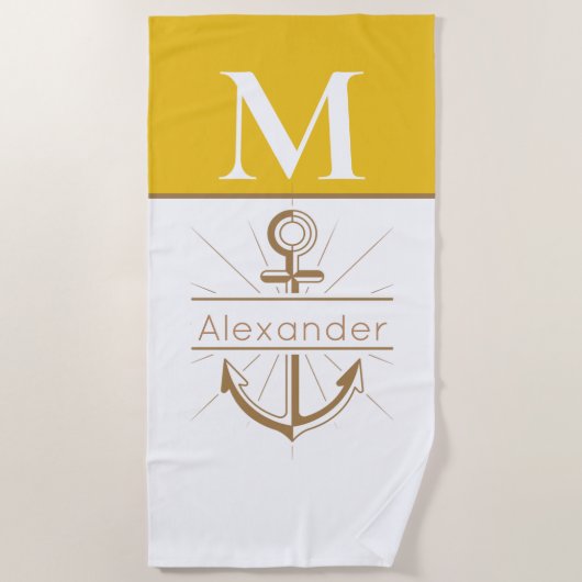 Serviette De Plage Moutarde côtière Ancre jaune Monogramme nautique (Devant)