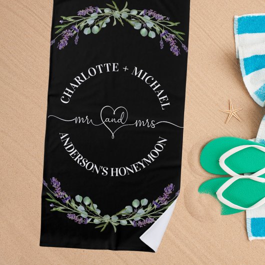 Serviette De Plage Mrs lune de miel noir blanc jeunes mariés lavande