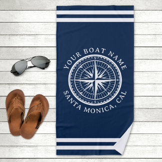 Serviette De Plage Name of your boat Nautical Compass Navy blue