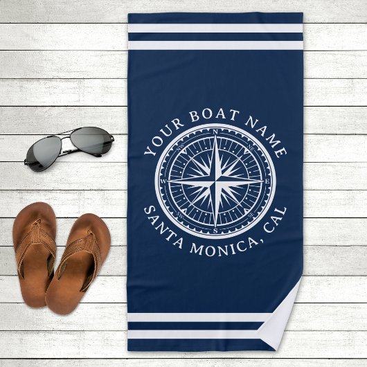 Serviette De Plage Name of your boat Nautical Compass Navy blue