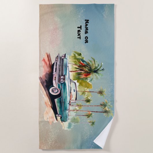 Serviette De Plage Name, Old Blue Car with Palm Trees (Devant)