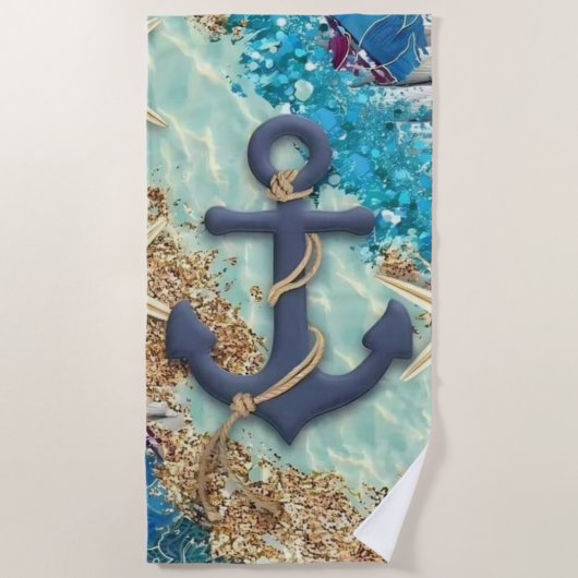 Serviette De Plage Nautical Beach Towel with Blue Anchor (Devant)
