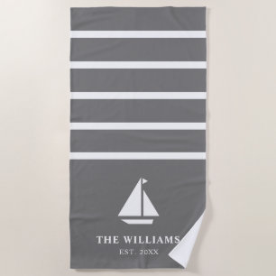Serviette De Plage Nautical Boat Grey Stried Ajouter le nom Texte
