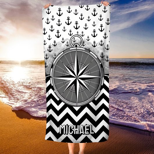 Serviette De Plage Nautical Compass Rose Anchors Black White Chevron