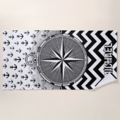 Serviette De Plage Nautical Compass Rose Anchors Black White Chevron (Devant)