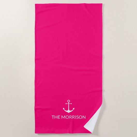 Serviette De Plage Nautical Custom Boat Name ancre fuchsia rose chaud (Devant)