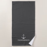 Serviette De Plage Nautical Custom Boat Name ancre gris fusain<br><div class="desc">Nautical Custom Boat Name blanc ancre fusain gris bleu Beach Towel. Personnaliser texte voile nautique texte,  nom du capitaine. Nom du bateau,  magasin,  nom commercial. Design minimaliste,  simple et élégant. idéal pour les navigateurs,  les plaisanciers,  la voile et la navigation de plaisance. Bonne navigation !</div>