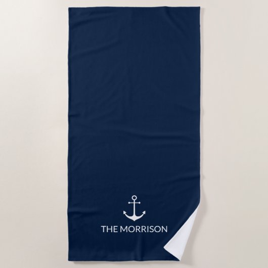 Serviette De Plage Nautical Custom Boat Name blanc ancre marine bleu (Devant)
