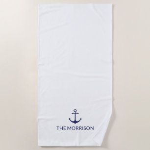 Serviette De Plage Nautical Custom Boat Name Marine bleu ancre blanch