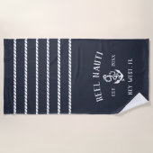 Serviette De Plage Nautical Dark Navy Rustic Ancre Stripe Nom du bate (Devant)