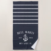 Serviette De Plage Nautical Dark Navy Rustic Ancre Stripe Nom du bate (Devant)