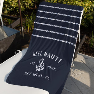 Serviette De Plage Nautical Dark Navy Rustic Ancre Stripe Nom du bate