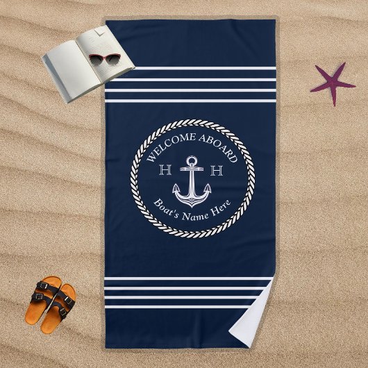 Serviette De Plage Nautical Marine Blue Boat Nom Ancre corde