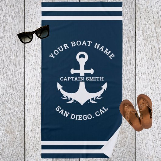 Serviette De Plage Nautical Navy Blue Boat Name