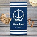 Serviette De Plage Nautical Navy Blue Custom Boat Name<br><div class="desc">La serviette de plage nautique au format vertical est dotée d'une élégante ancre de bateau encadrée par une corde nouée et accentuée de bandes horizontales préppantes. Personnalisez le texte personnalisé avec votre nom de bateau et votre emplacement. Le design comprend un décor classique couleur bleu marine et blanc.</div>