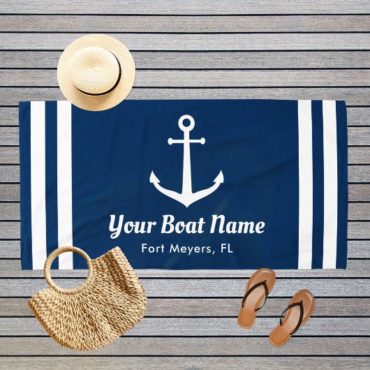 Serviette De Plage Nautical Navy Blue Custom Boat Name
