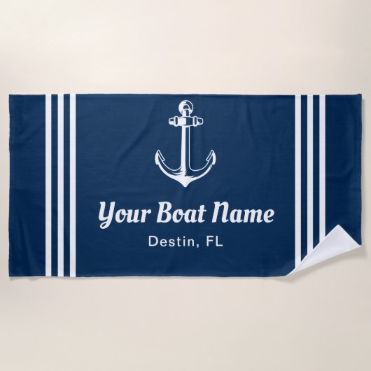 Serviette De Plage Nautical Navy Blue Custom Boat Name (Devant)