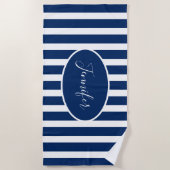 Serviette De Plage Nautical Navy Blue Stried Ajouter Nom Script (Devant)