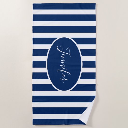 Serviette De Plage Nautical Navy Blue Stried Ajouter Nom Script (Devant)