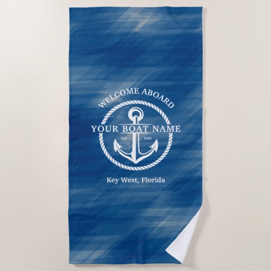 Serviette De Plage Nautical Navy Blue Welcome Aboard Nom du bateau An (Devant)