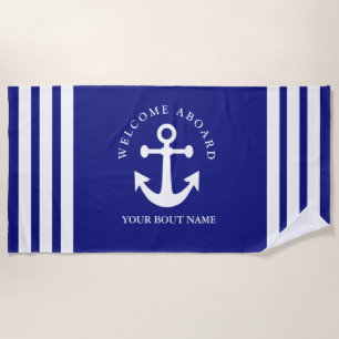 Serviette De Plage Nautical Navy Blue Welcome Aboard Nom du bateau An