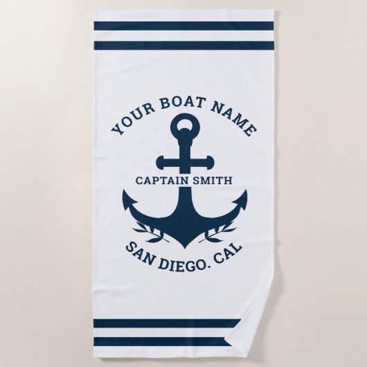 Serviette De Plage Nautical Navy White Boat Name (Devant)