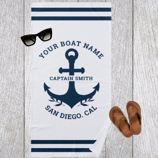 Serviette De Plage Nautical Navy White Boat Name