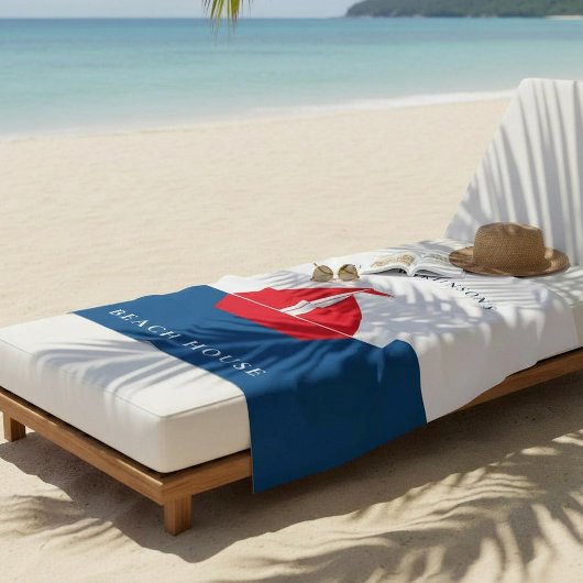 Serviette De Plage Nautical Red Sailboat Personalized Family Name 