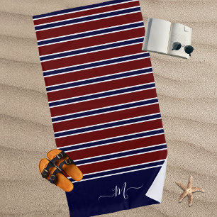 Serviette De Plage Nautical Red White Blue Striped Monogram Name Bath