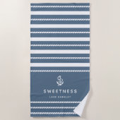 Serviette De Plage Nautical Rope Stripe & Anchor Boat Name (Devant)