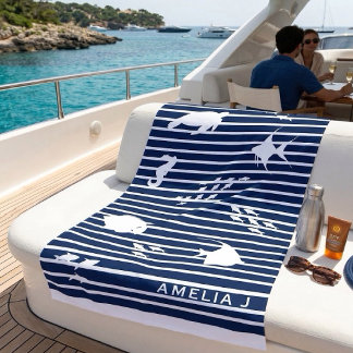 Serviette de plage nautique à rayures blanches et