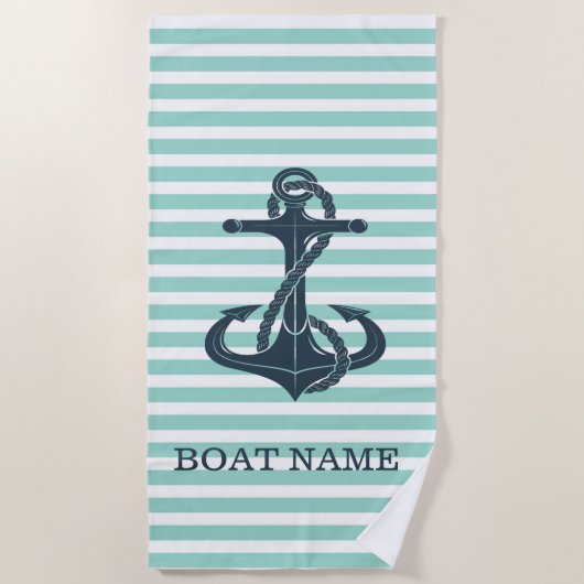 Serviette De Plage Nautique,Ancre,Rayes Vert Menthe (Devant)
