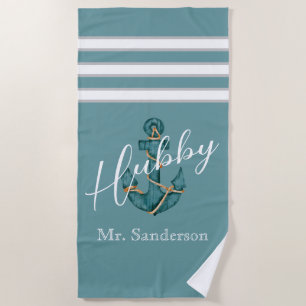 Serviette De Plage Nautique Aqua Teal Blue Anchor Hubby Lune de miel