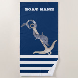 Serviette De Plage Nautique, Dauphin d'ancre rayé bleu marine