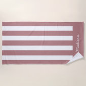 Serviette De Plage Nautique Dusty rose & blanc strié Nom personnalisé (Devant)