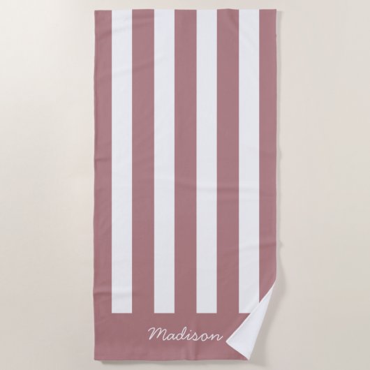 Serviette De Plage Nautique Dusty rose & blanc strié Nom personnalisé (Devant)