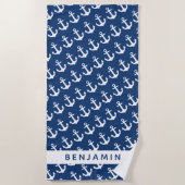 Serviette De Plage Nautique Nom personnalisé Marine Bleu Blanc Ancre (Devant)