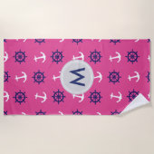 Serviette de plage nautique rose de monogramme (Devant)