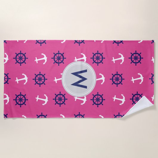 Serviette de plage nautique rose de monogramme (Devant)
