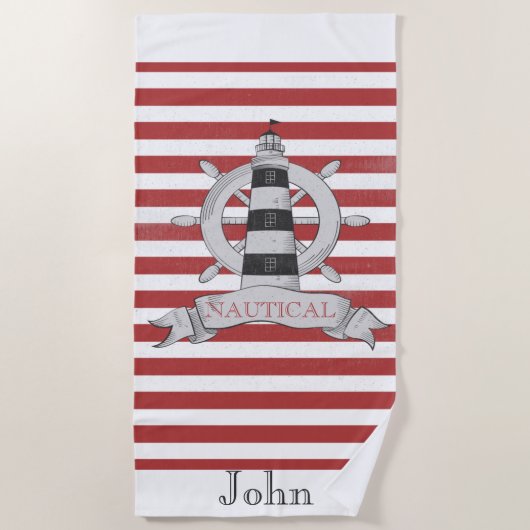 Serviette De Plage Nautique, Roue de bateau, Bandes rouges et blanche (Devant)