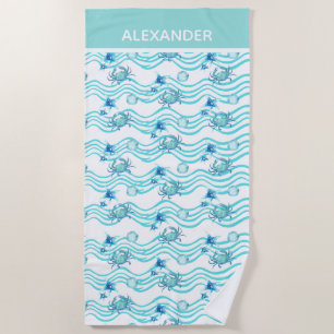 Serviette De Plage Nautique Turquoise Blue Sea Life Crab Starfish