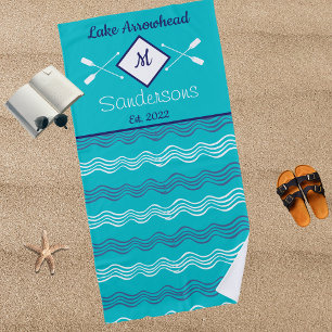 Serviette De Plage Nautique Turquoise Marine Bleu Blanc Monogramme Ma
