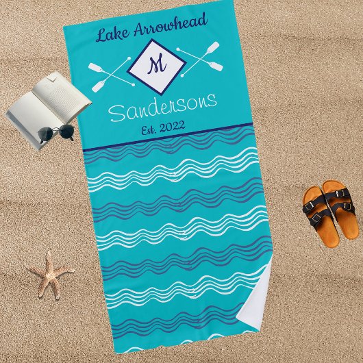 Serviette De Plage Nautique Turquoise Marine Bleu Blanc Monogramme Ma
