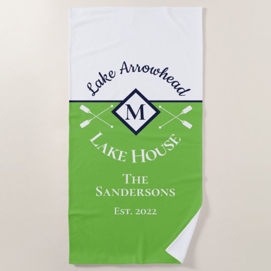 Serviette De Plage Nautique Vert Marine Bleu Blanc Monogramme Maison (Devant)