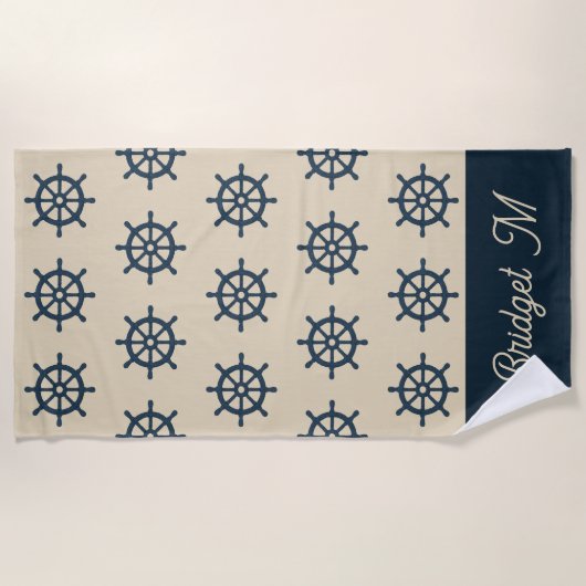 Serviette De Plage Navire bleu marine roue & Monogram Beige Maison cô (Devant)
