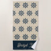 Serviette De Plage Navire bleu marine roue & Monogram Beige Maison cô (Devant)