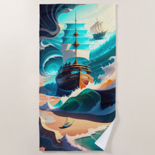 Serviette De Plage Navires De Grande Taille De Mer Et De Sable 2