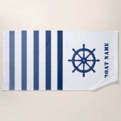 Serviette De Plage Navires Roue Helm Votre Nom De Bateau Bleu Blancs (Devant)