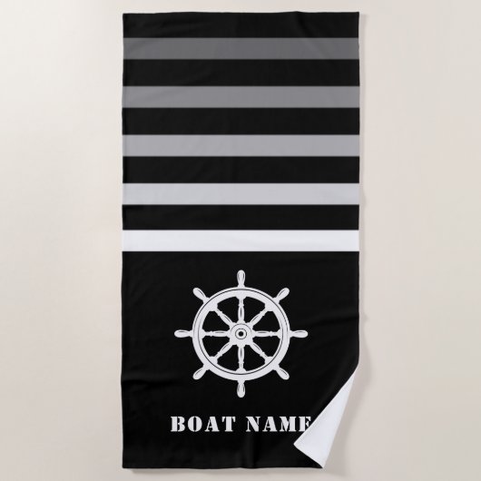 Serviette De Plage Navires Roue Helm Votre nom de bateau Marine Black (Devant)